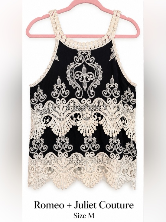 Romeo & Juliet Couture Tops - Romeo + Juliet Couture Black & Ivory Embroidered Lace Tank Top Size M Boho Y2K